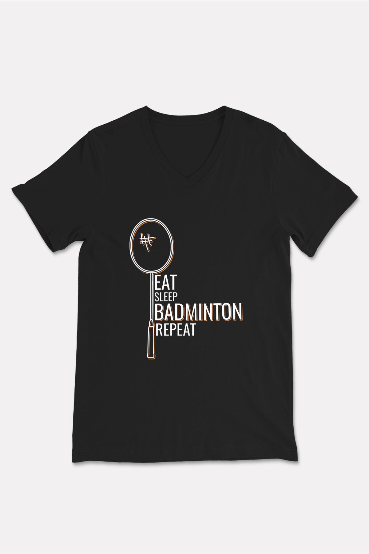 Badminton Baskılı Unisex Siyah V Yaka Tişört