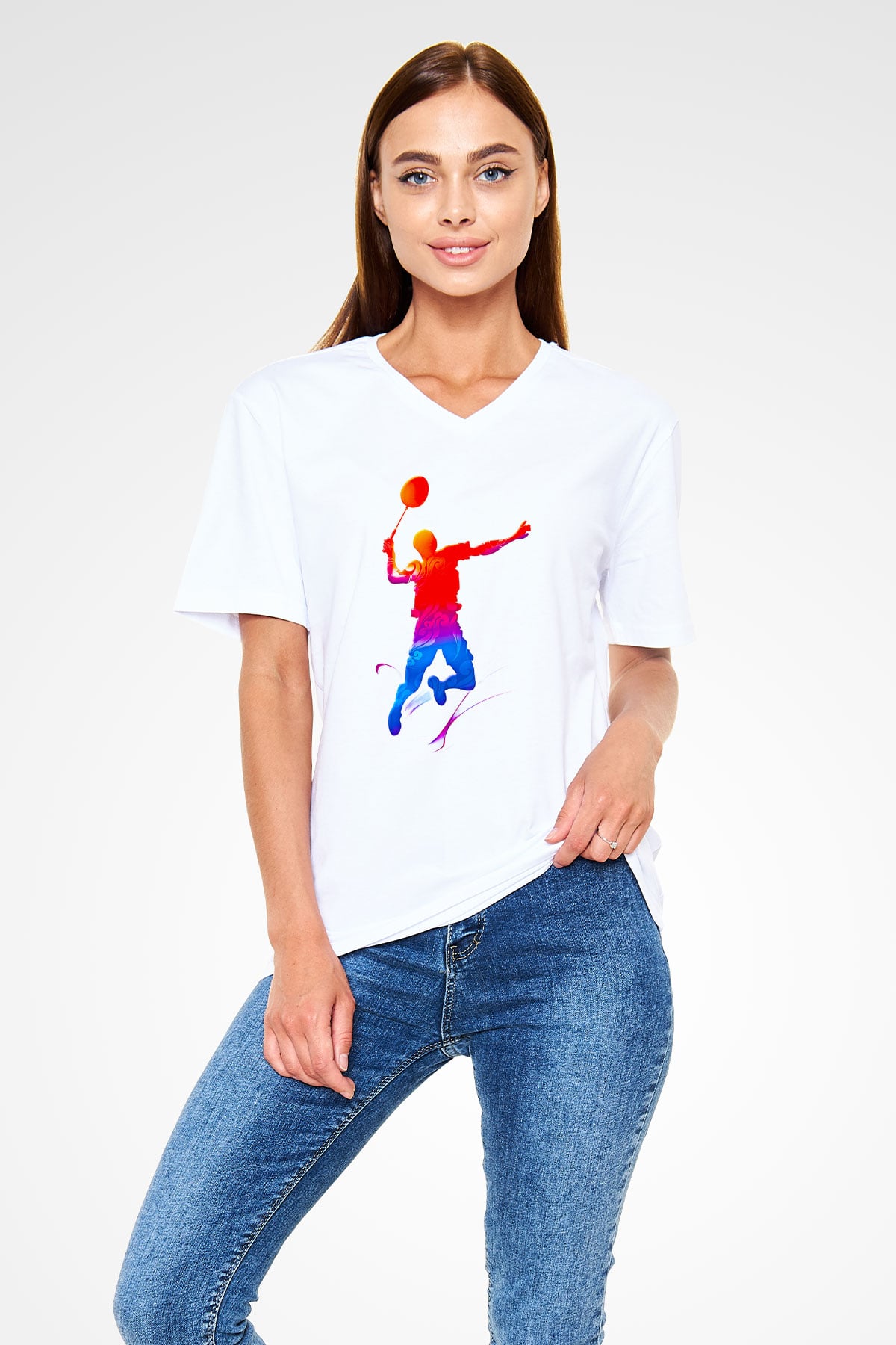 Badminton Baskılı Unisex V Yaka Tişört - Tshirt