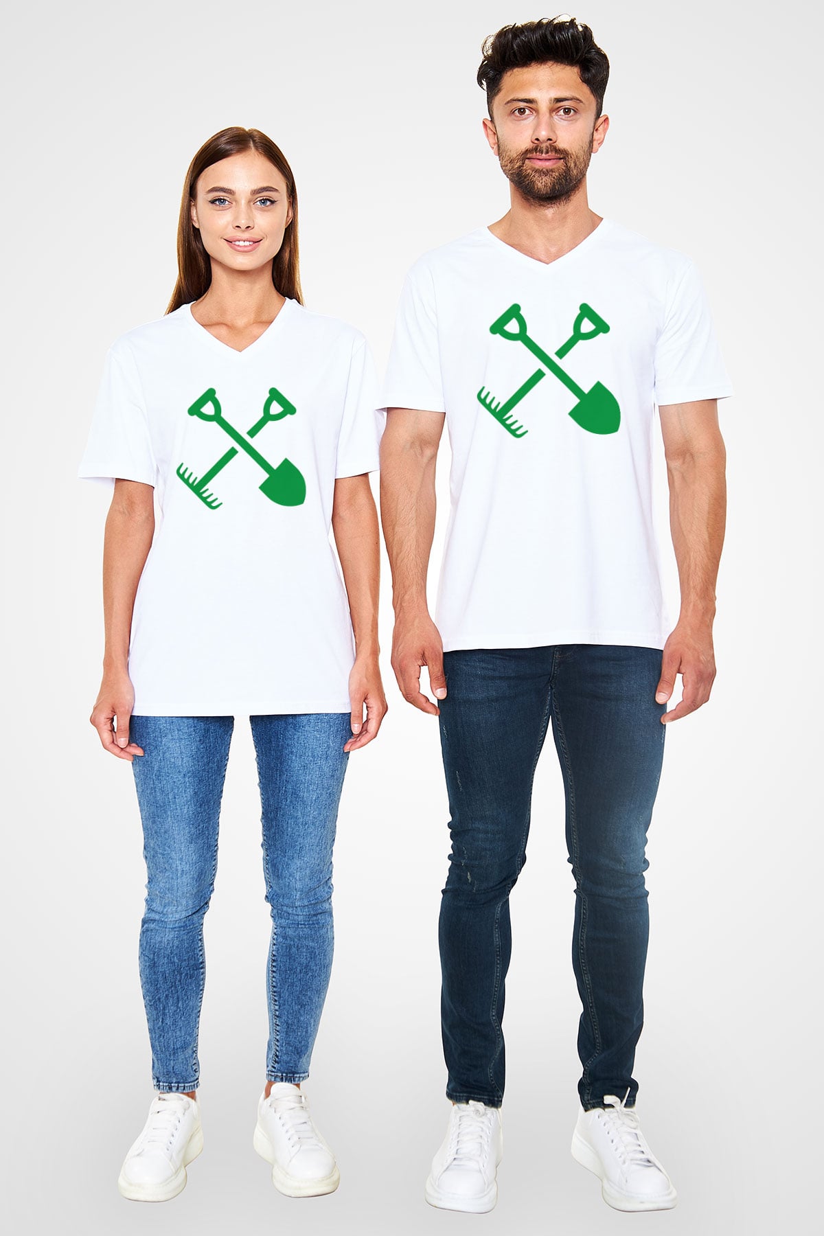 Bahçıvan Beyaz Unisex V Yaka Tişört T-Shirt