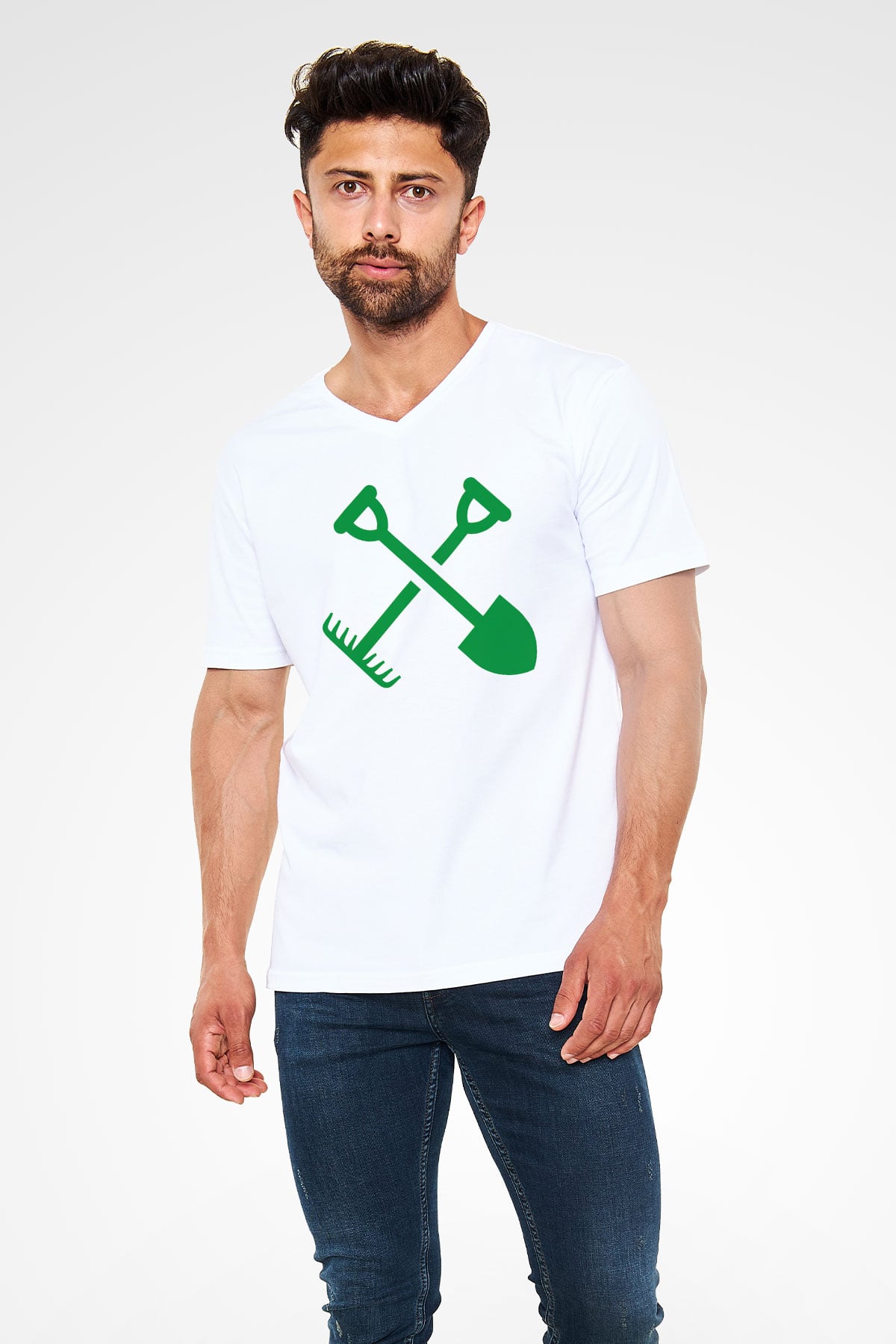 Bahçıvan Beyaz Unisex V Yaka Tişört T-Shirt
