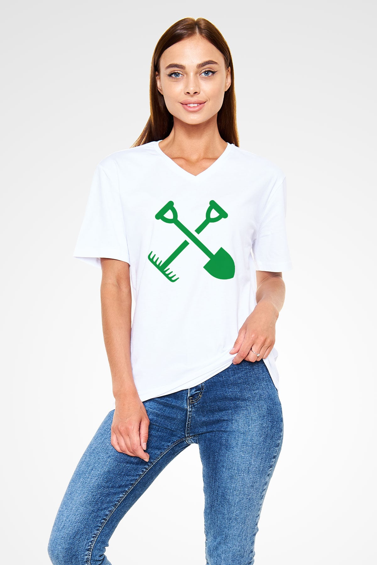 Bahçıvan Beyaz Unisex V Yaka Tişört T-Shirt