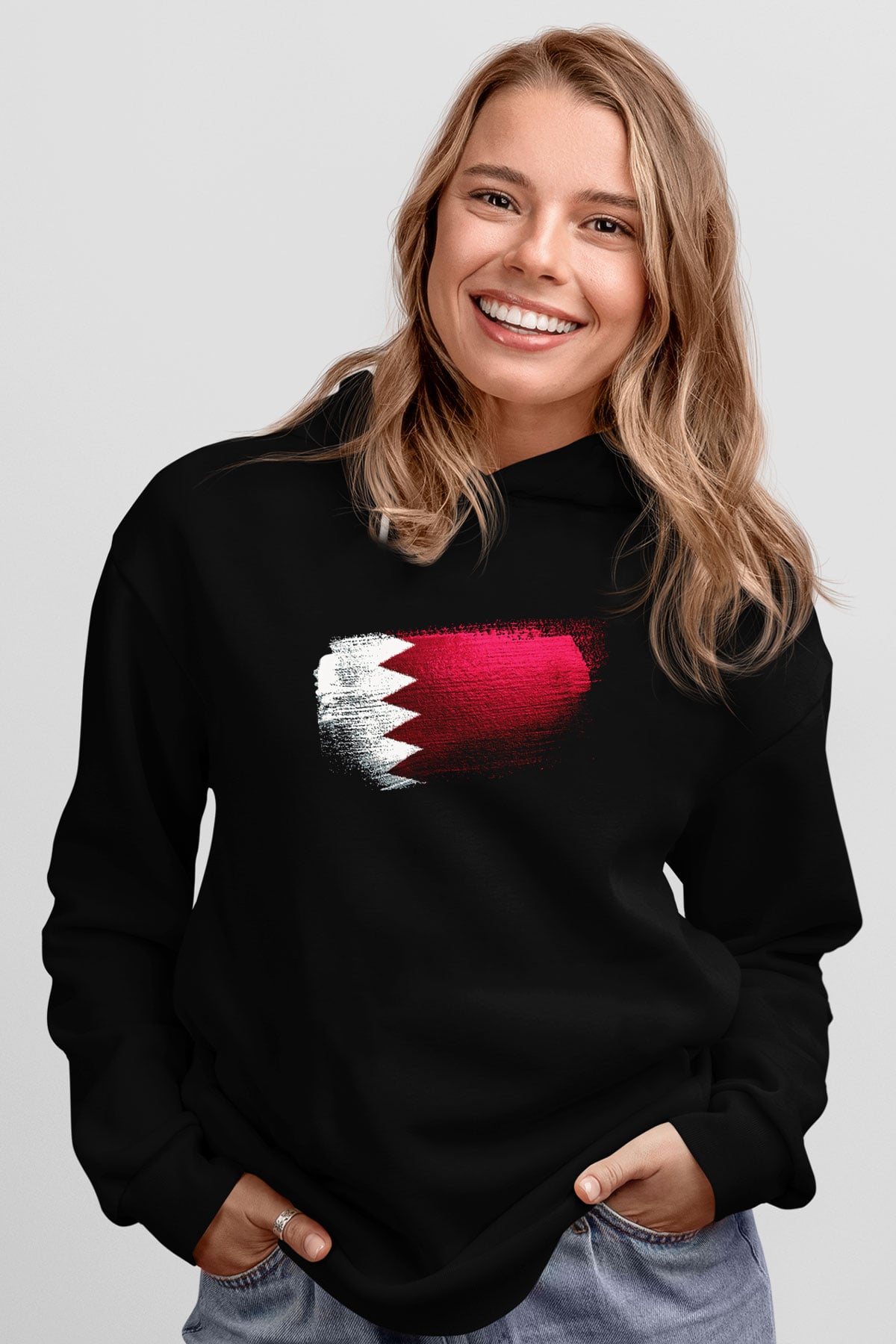 Bahreyn - Bahrain Bayrağı Baskılı Unisex Siyah Hoodie