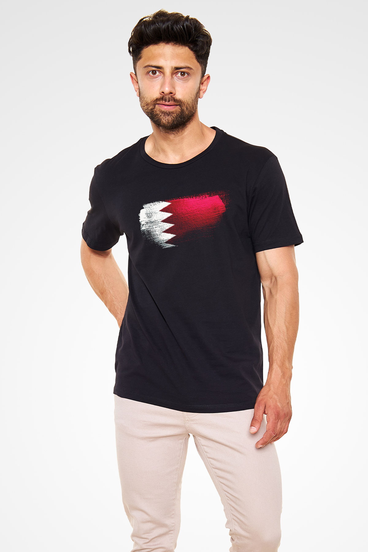 Bahreyn - Bahrain Bayrağı Baskılı Unisex Siyah Tişört