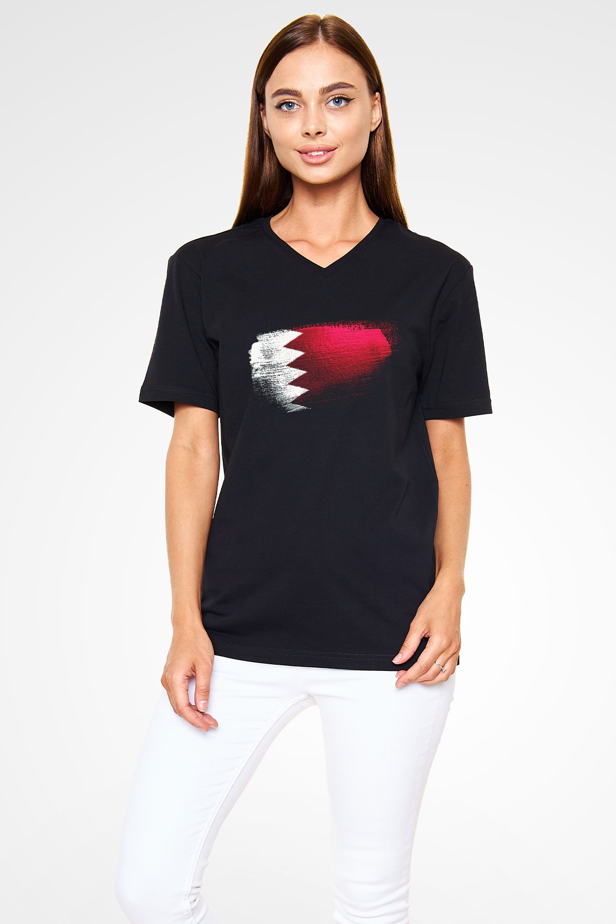 Bahreyn - Bahrain Bayrağı Baskılı Unisex Siyah V Yaka Tişört