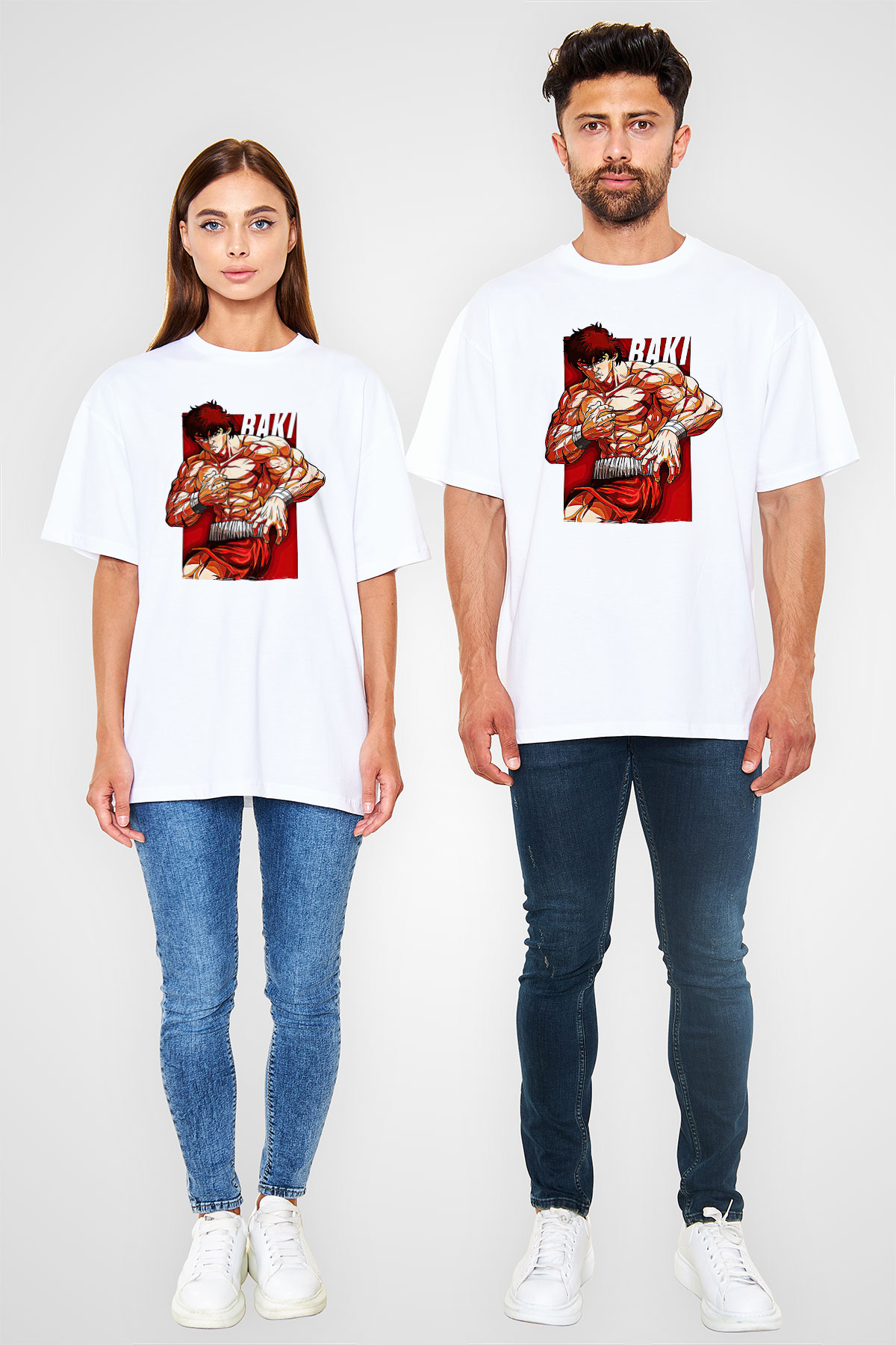 Baki The Grappler Baskılı Beyaz Unisex Oversize Tişört - Tshirt