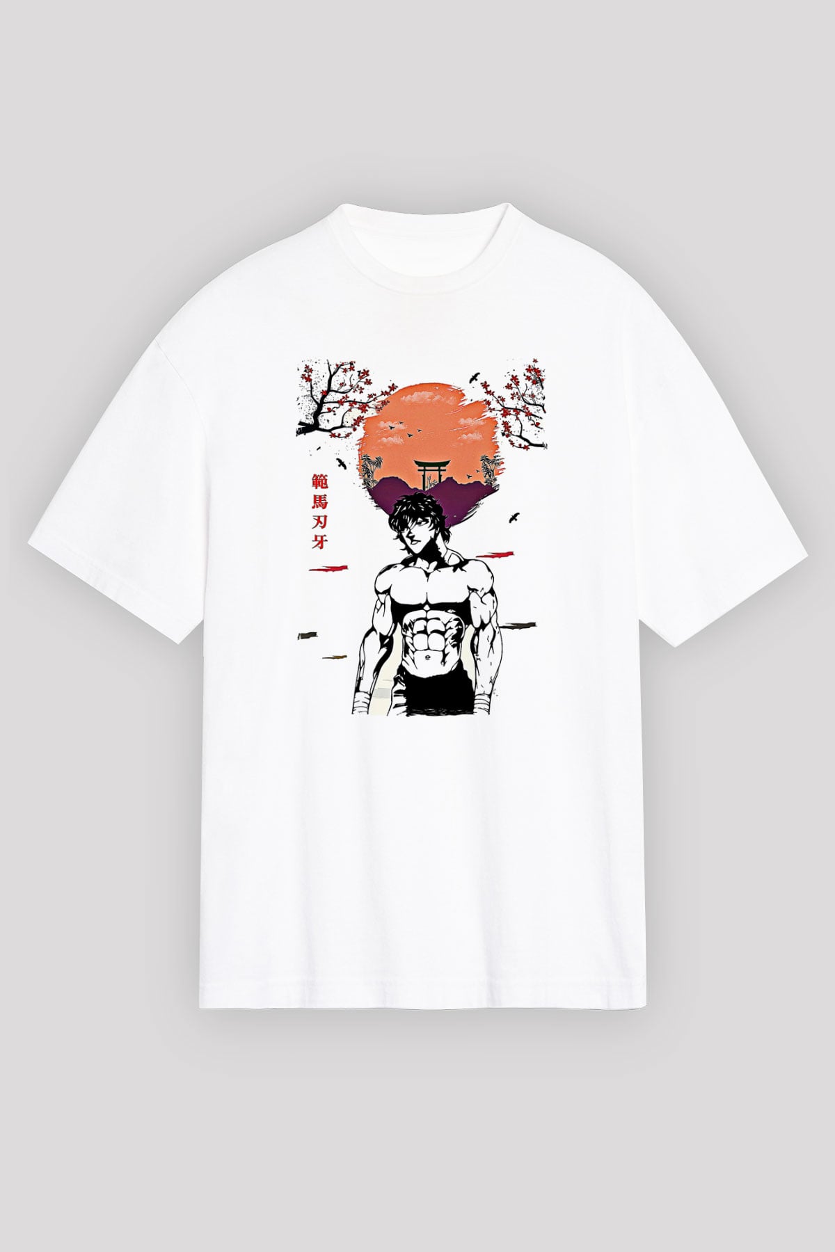Baki The Grappler Baskılı Beyaz Unisex Oversize Tişört - Tshirt