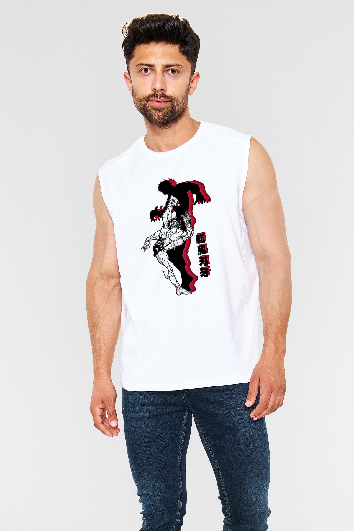 Baki The Grappler Baskılı Beyaz Unisex Kolsuz Tişört - Tshirt