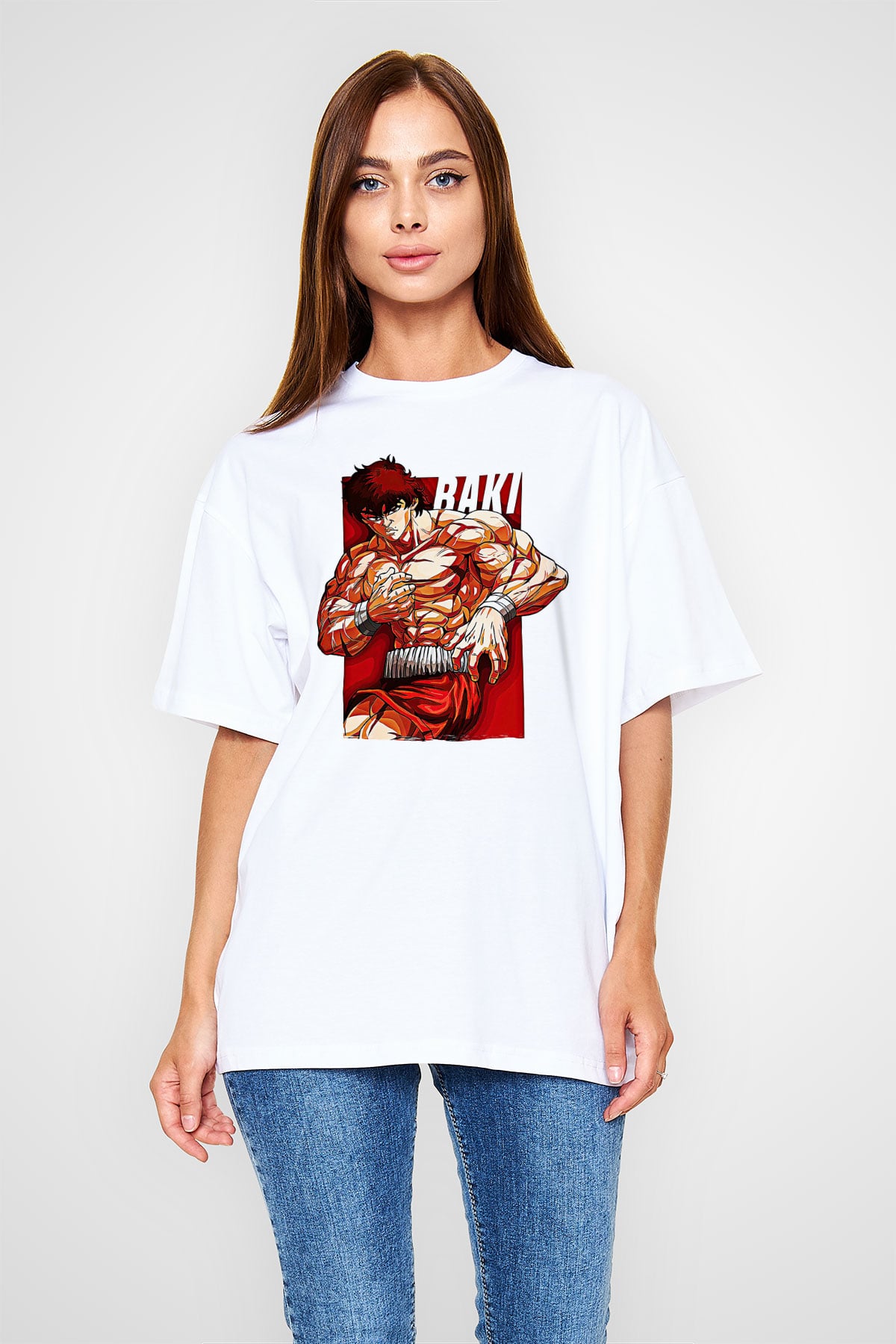 Baki The Grappler Baskılı Beyaz Unisex Oversize Tişört - Tshirt