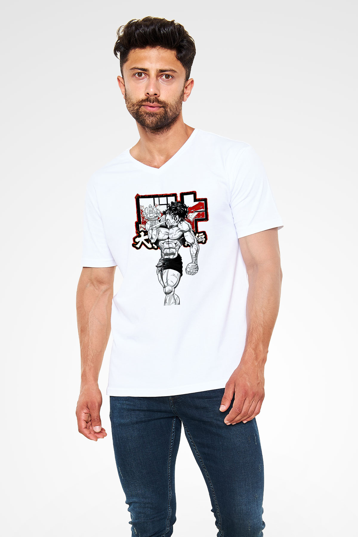 Baki The Grappler Baskılı Beyaz Unisex V Yaka Tişört - Tshirt