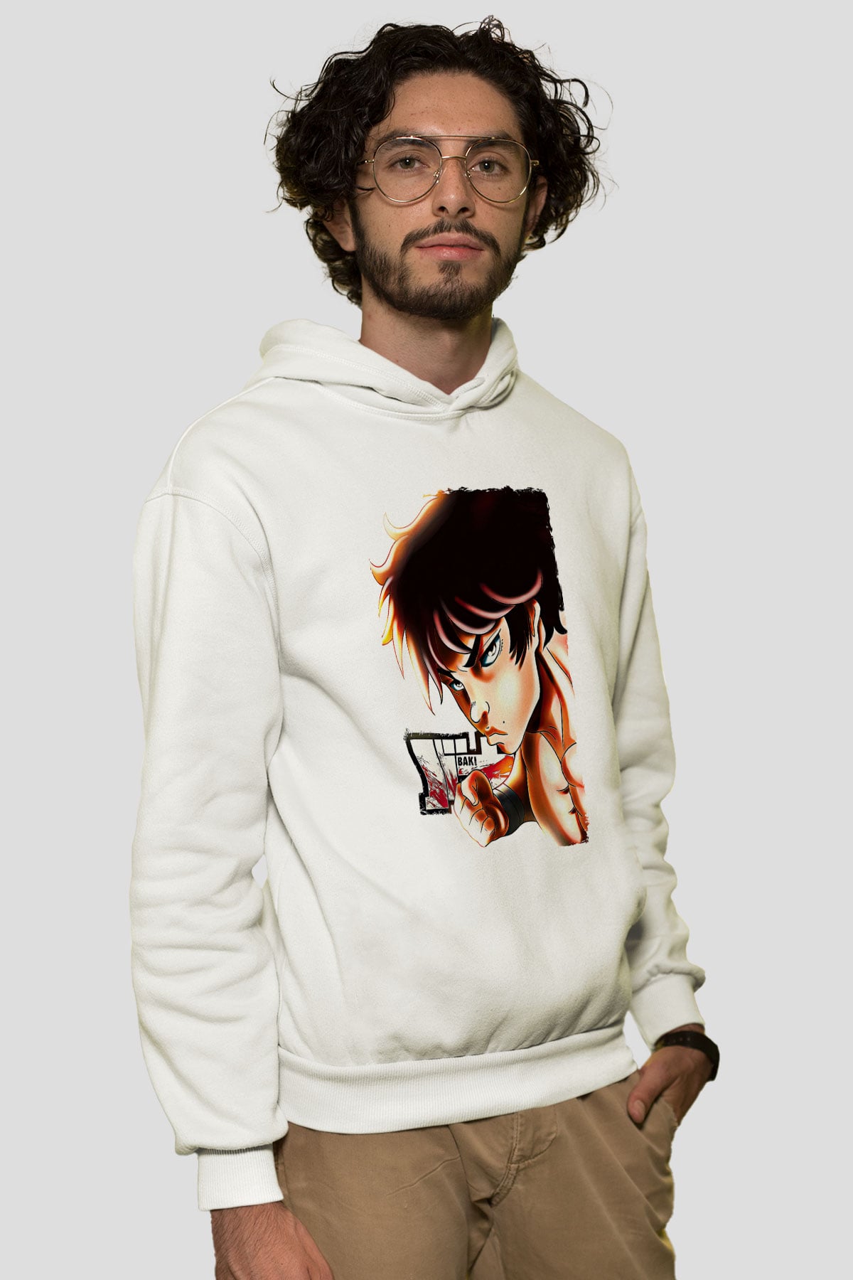 Baki The Grappler Baskılı Beyaz Unisex Hoodie