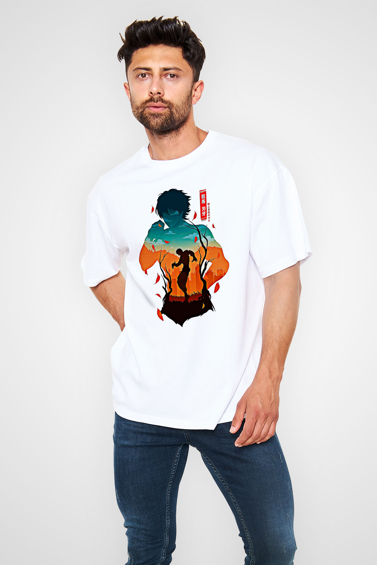Baki The Grappler Baskılı Beyaz Unisex Oversize Tişört - Tshirt