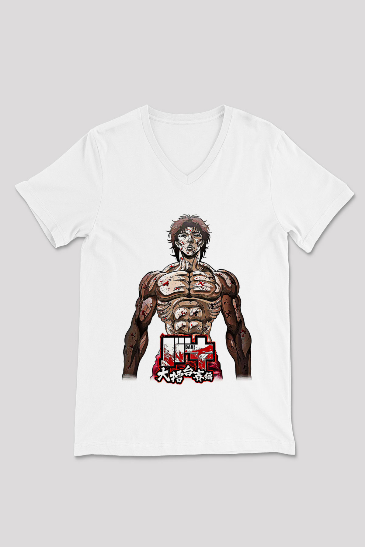 Baki The Grappler Baskılı Beyaz Unisex V Yaka Tişört - Tshirt