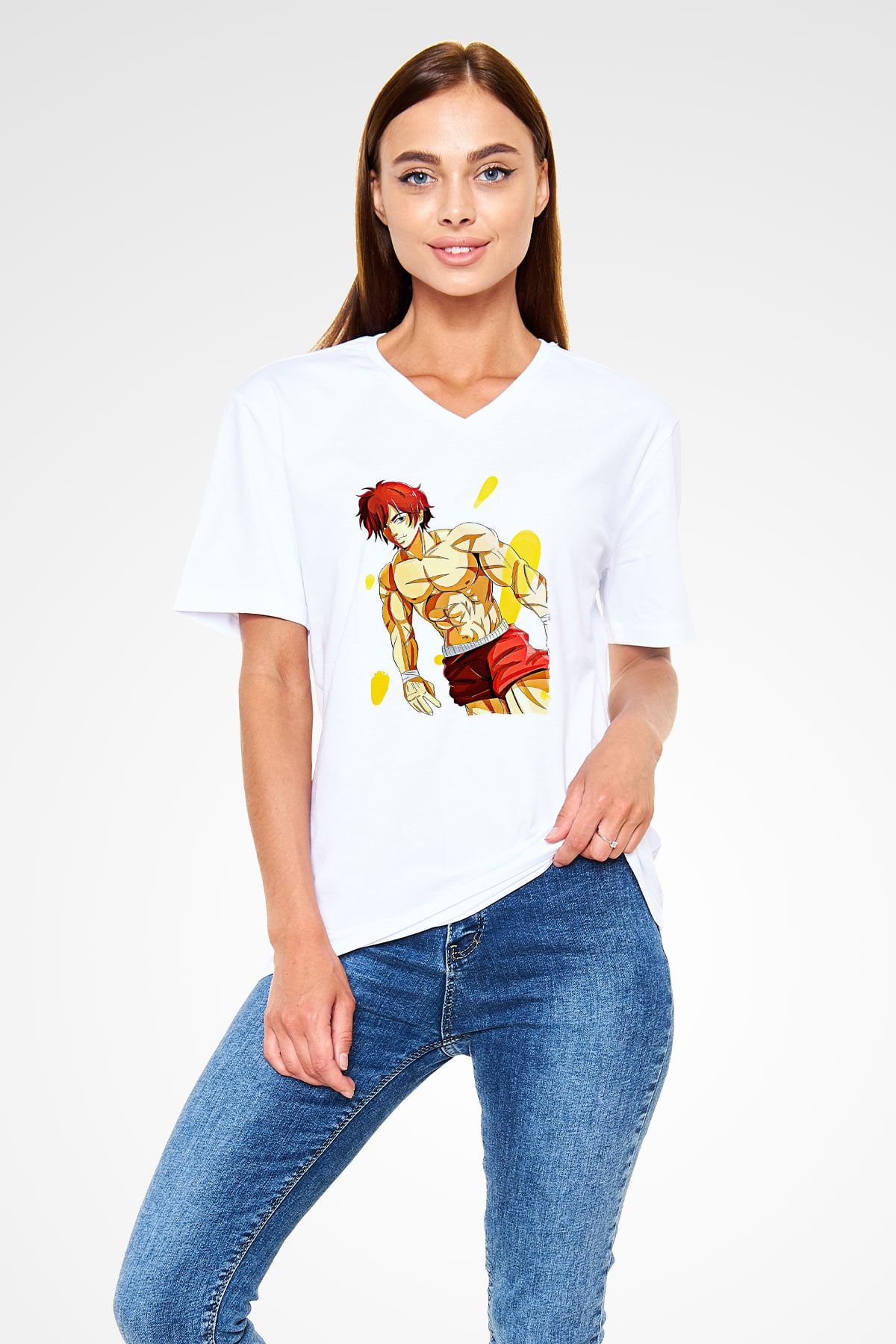 Baki The Grappler Baskılı Beyaz Unisex V Yaka Tişört - Tshirt