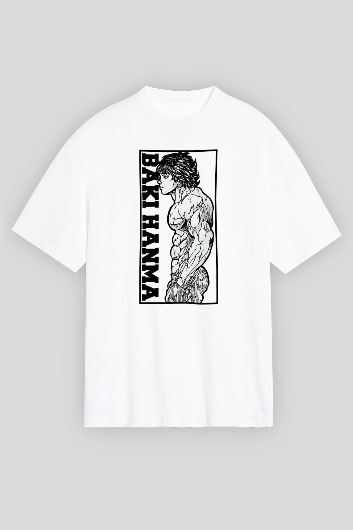 Baki The Grappler Baskılı Beyaz Unisex Oversize Tişört - Tshirt