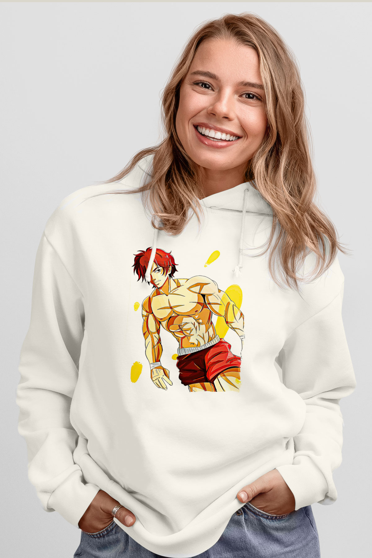 Baki The Grappler Baskılı Beyaz Unisex Hoodie
