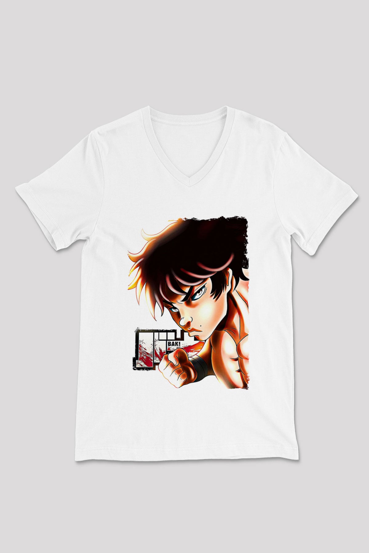 Baki The Grappler Baskılı Beyaz Unisex V Yaka Tişört - Tshirt