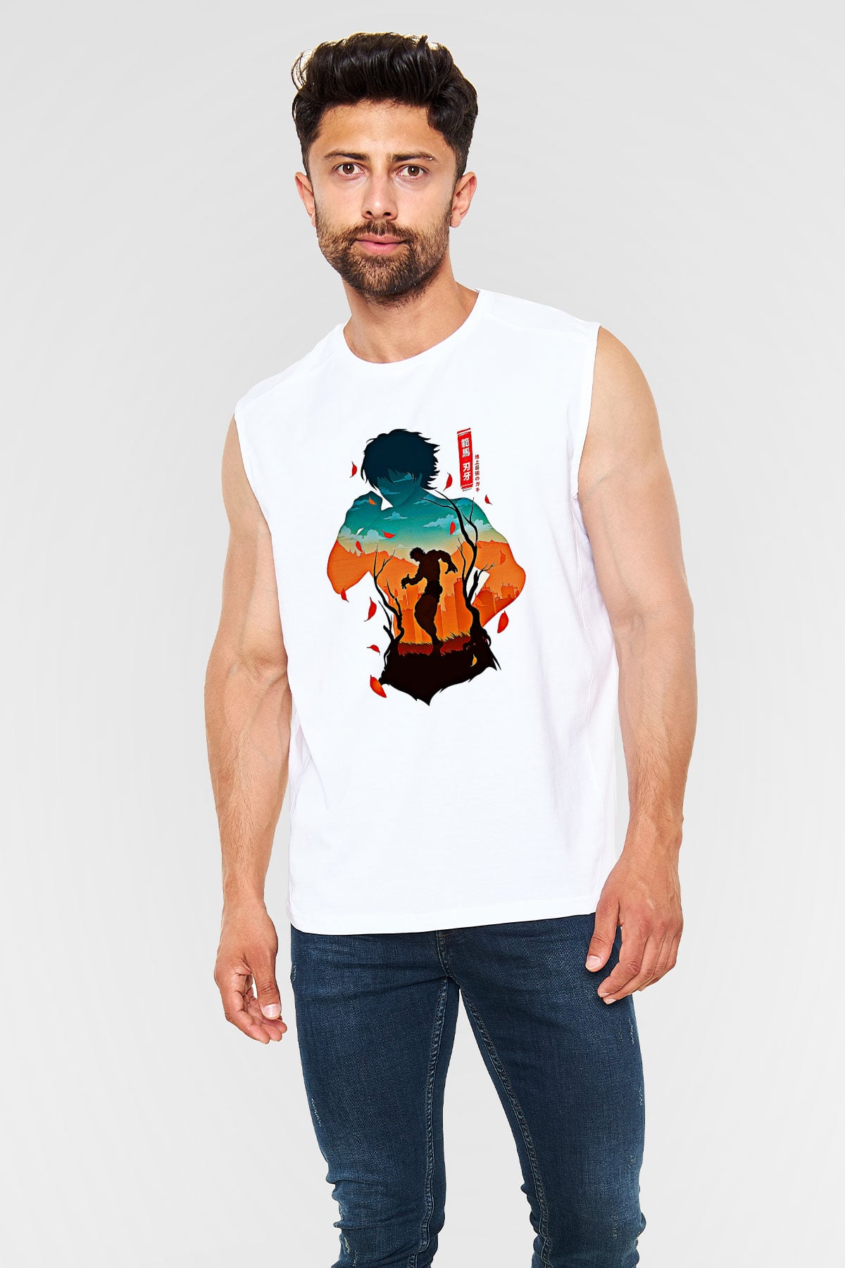 Baki The Grappler Baskılı Beyaz Unisex Kolsuz Tişört - Tshirt