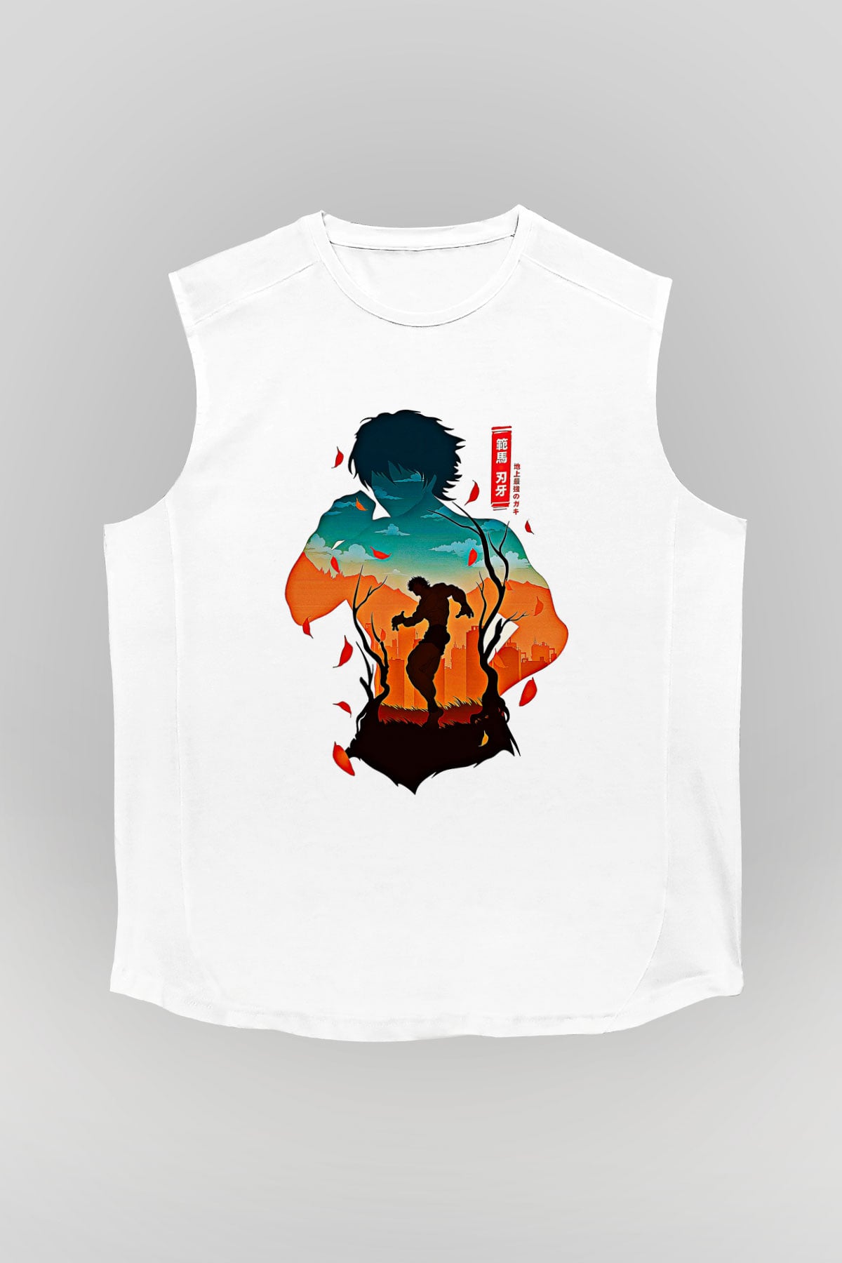 Baki The Grappler Baskılı Beyaz Unisex Kolsuz Tişört - Tshirt