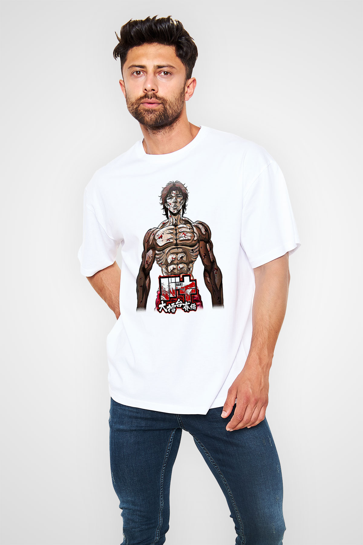 Baki The Grappler Baskılı Beyaz Unisex Oversize Tişört - Tshirt