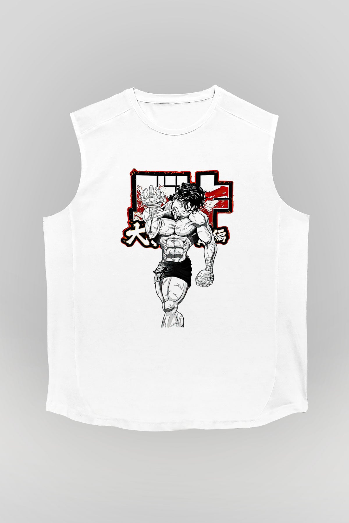 Baki The Grappler Baskılı Beyaz Unisex Kolsuz Tişört - Tshirt