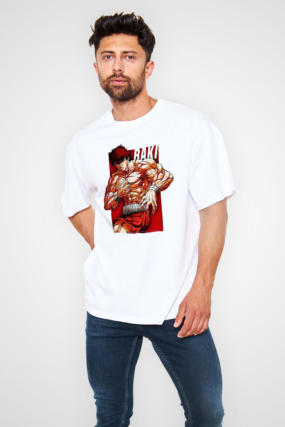 Baki The Grappler Baskılı Beyaz Unisex Oversize Tişört - Tshirt
