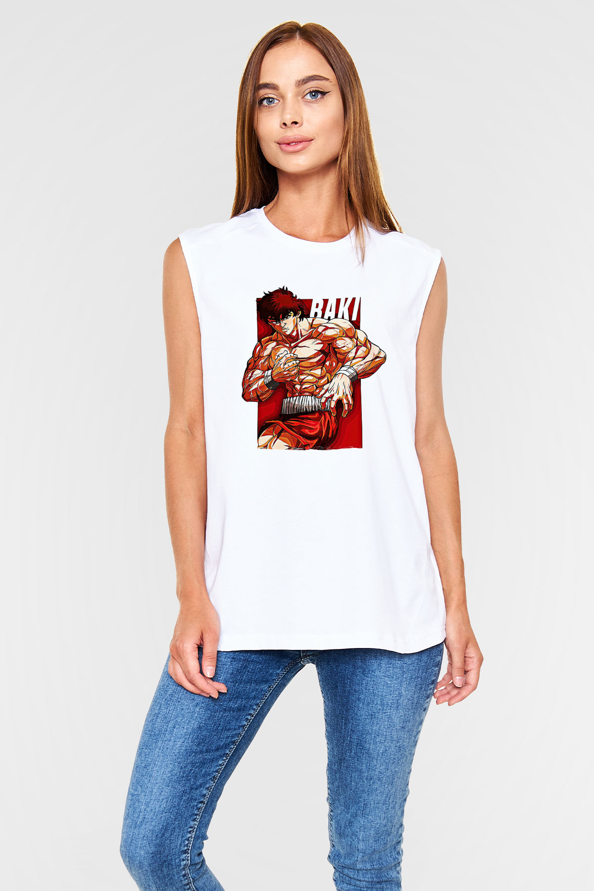 Baki The Grappler Baskılı Beyaz Unisex Kolsuz Tişört - Tshirt