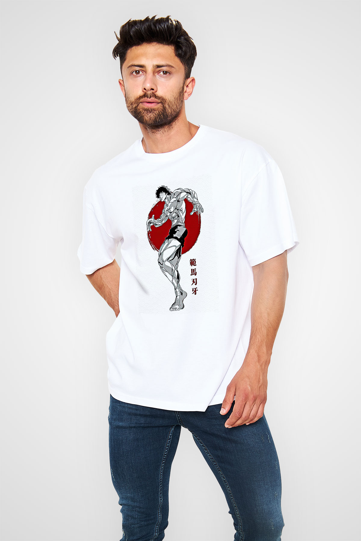 Baki The Grappler Baskılı Beyaz Unisex Oversize Tişört - Tshirt