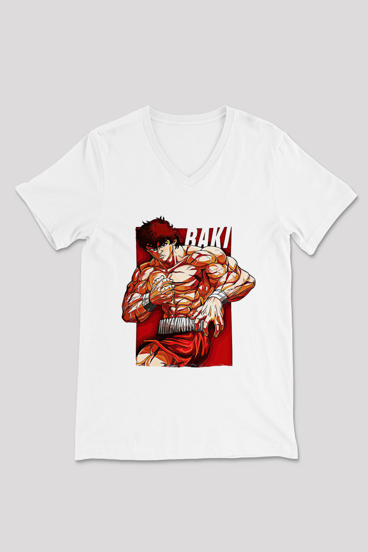 Baki The Grappler Baskılı Beyaz Unisex V Yaka Tişört - Tshirt