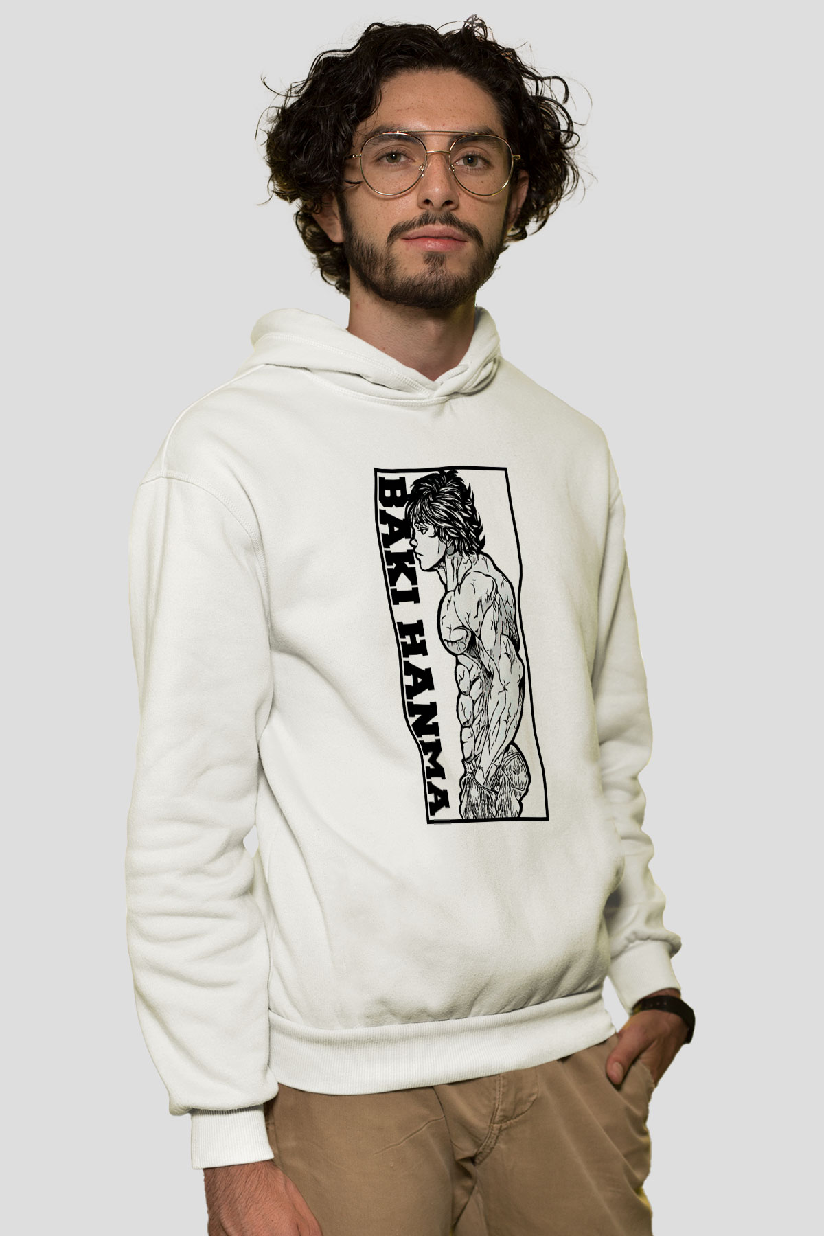 Baki The Grappler Baskılı Beyaz Unisex Hoodie