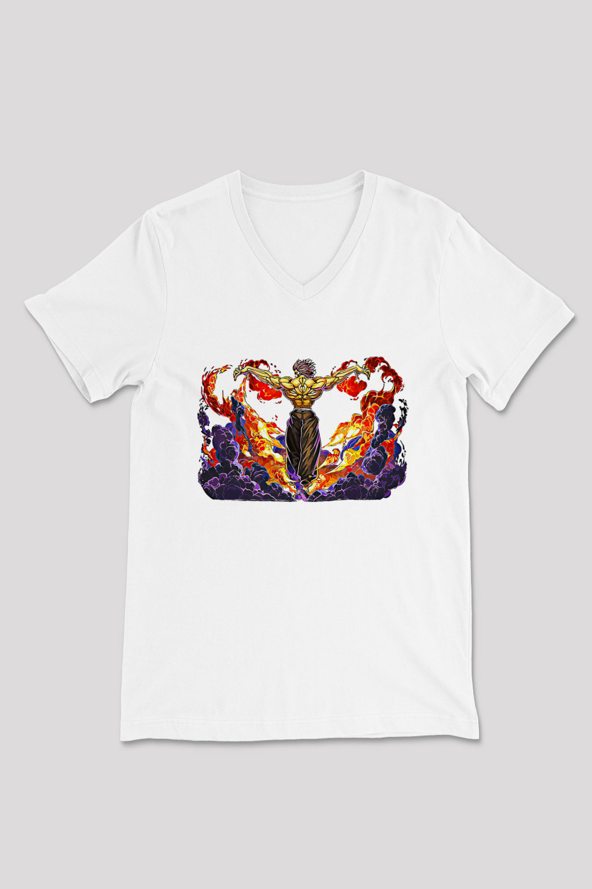 Baki The Grappler Baskılı Beyaz Unisex V Yaka Tişört - Tshirt