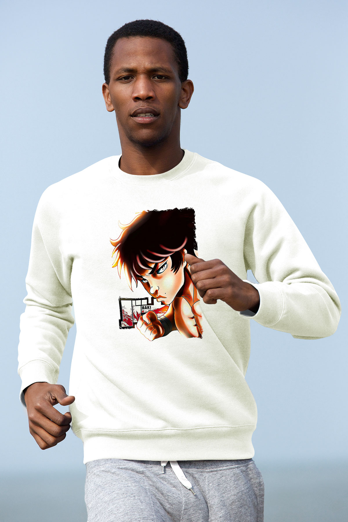 Baki The Grappler Baskılı Beyaz Unisex Sweatshirt