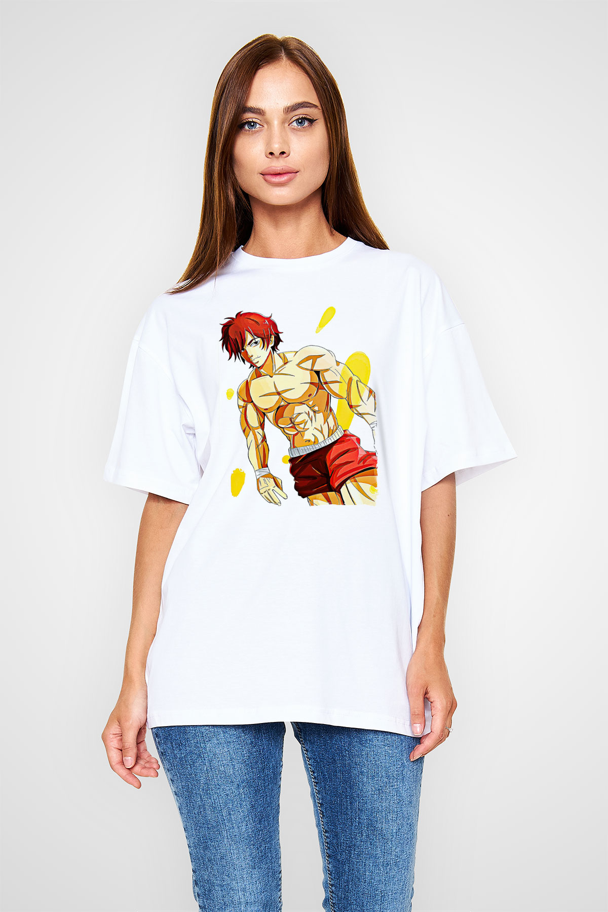 Baki The Grappler Baskılı Beyaz Unisex Oversize Tişört - Tshirt