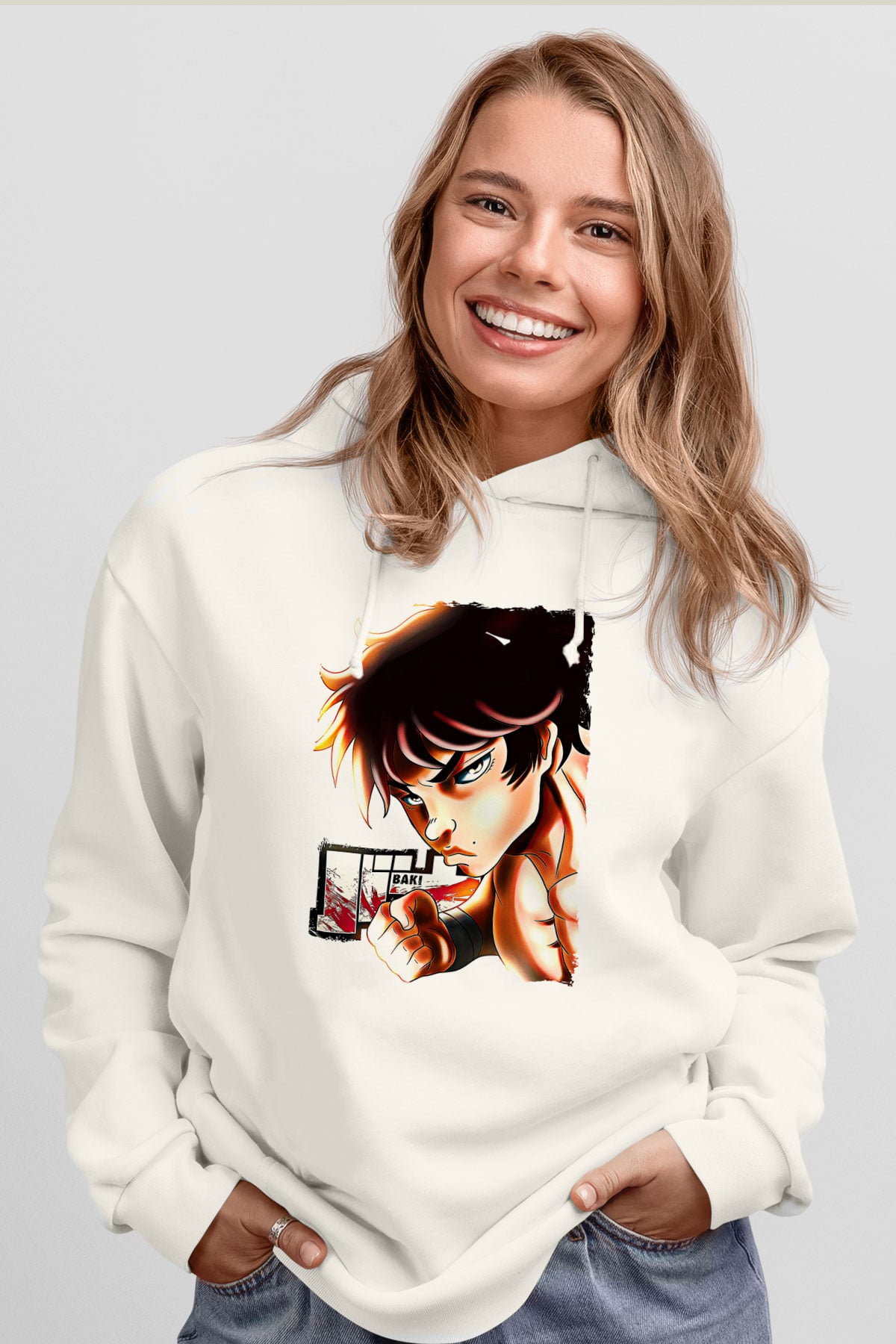 Baki The Grappler Baskılı Beyaz Unisex Hoodie