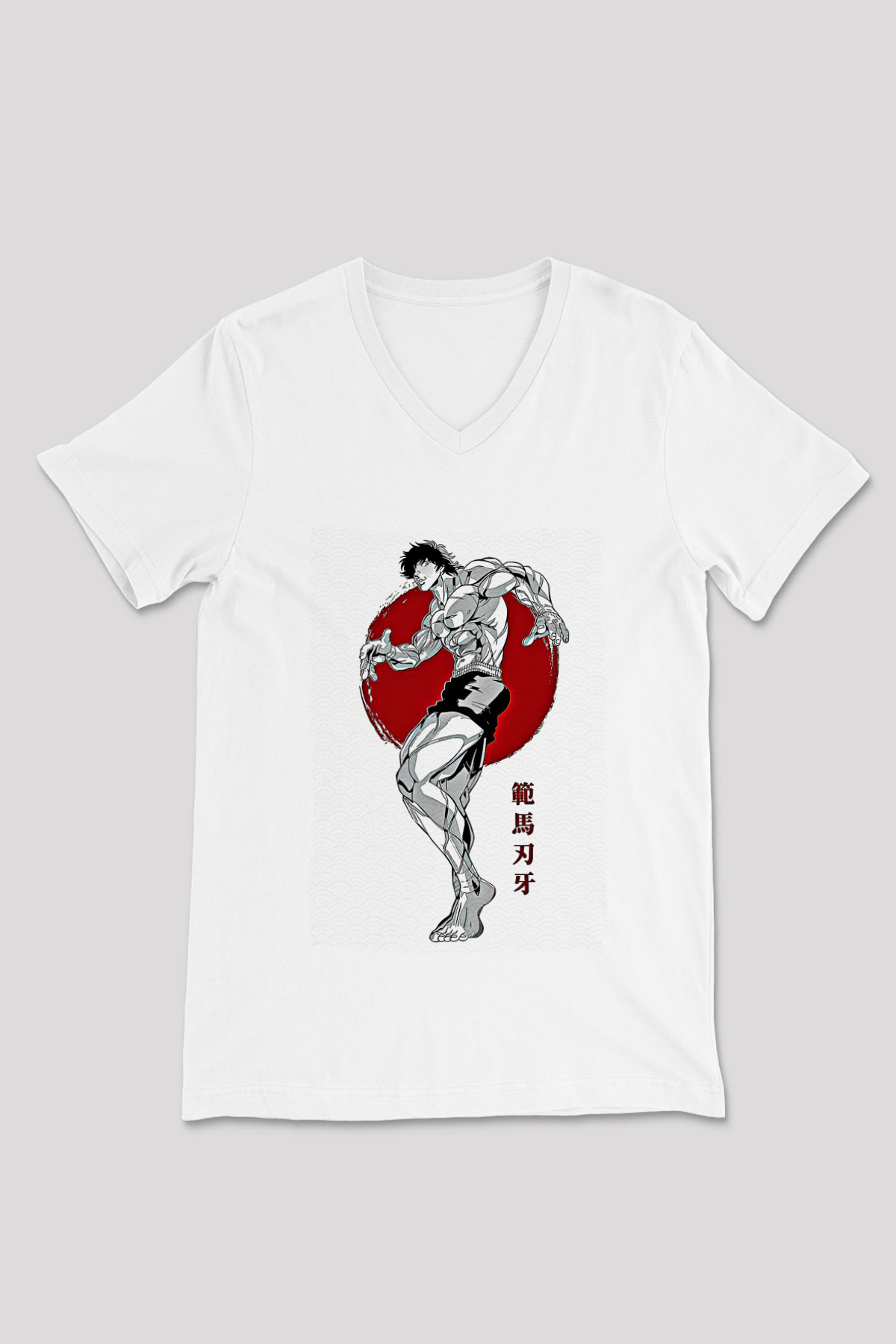 Baki The Grappler Baskılı Beyaz Unisex V Yaka Tişört - Tshirt