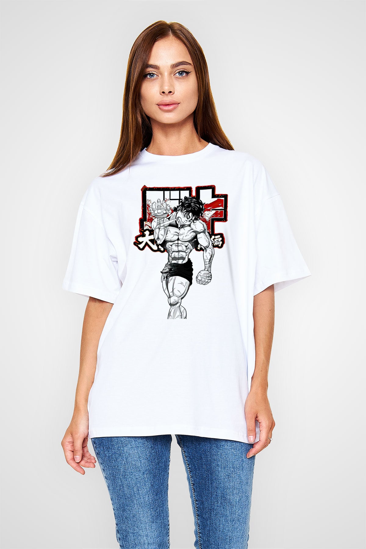 Baki The Grappler Baskılı Beyaz Unisex Oversize Tişört - Tshirt