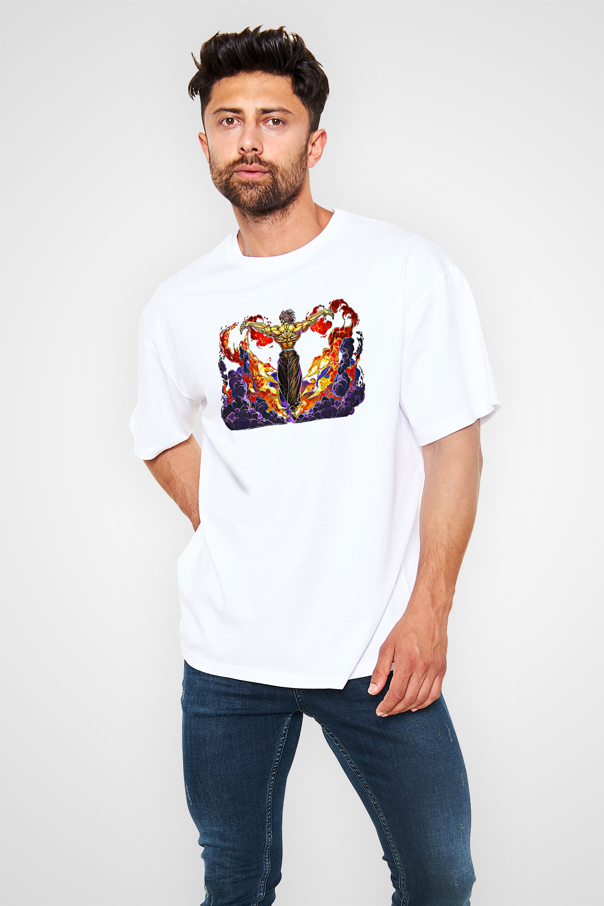 Baki The Grappler Baskılı Beyaz Unisex Oversize Tişört - Tshirt