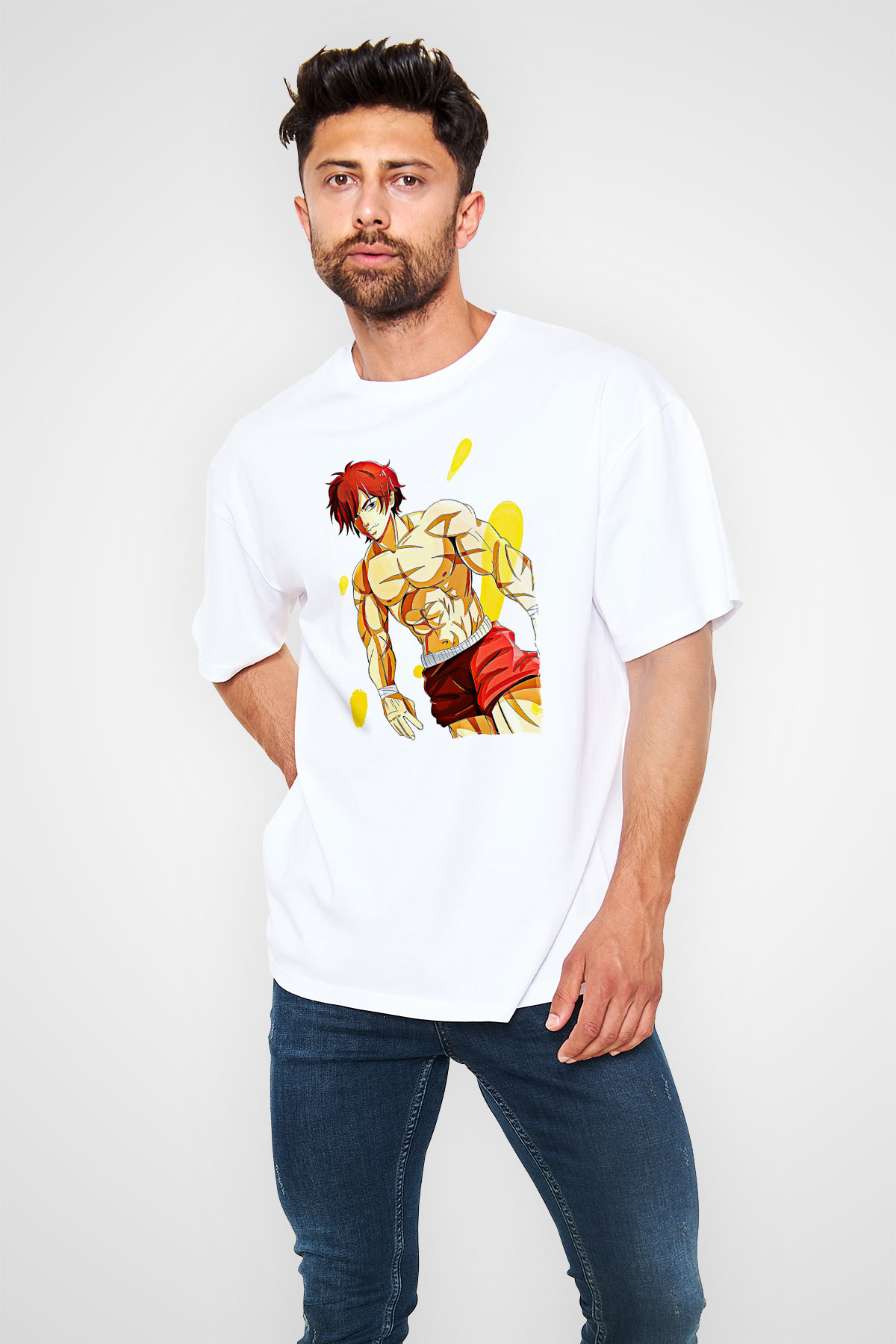 Baki The Grappler Baskılı Beyaz Unisex Oversize Tişört - Tshirt