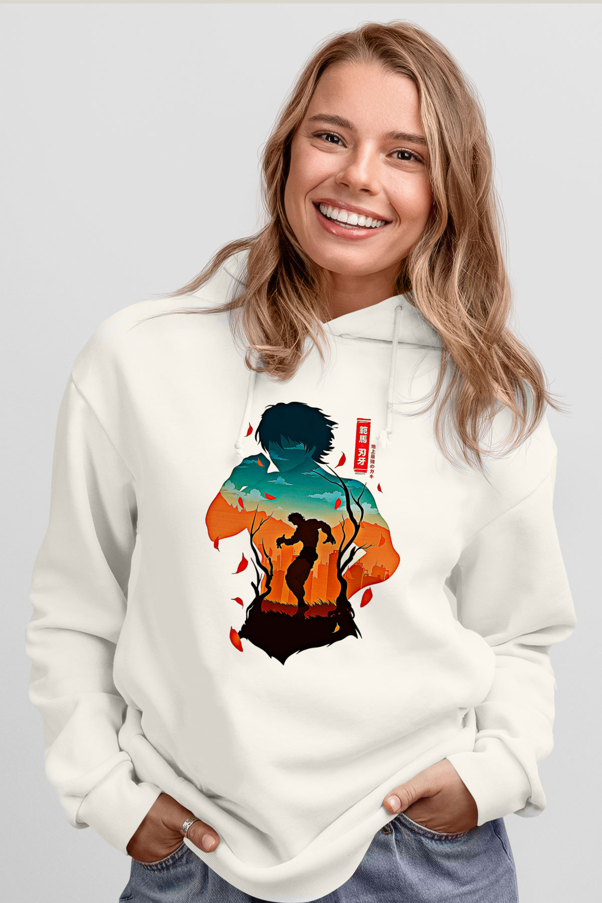 Baki The Grappler Baskılı Beyaz Unisex Hoodie