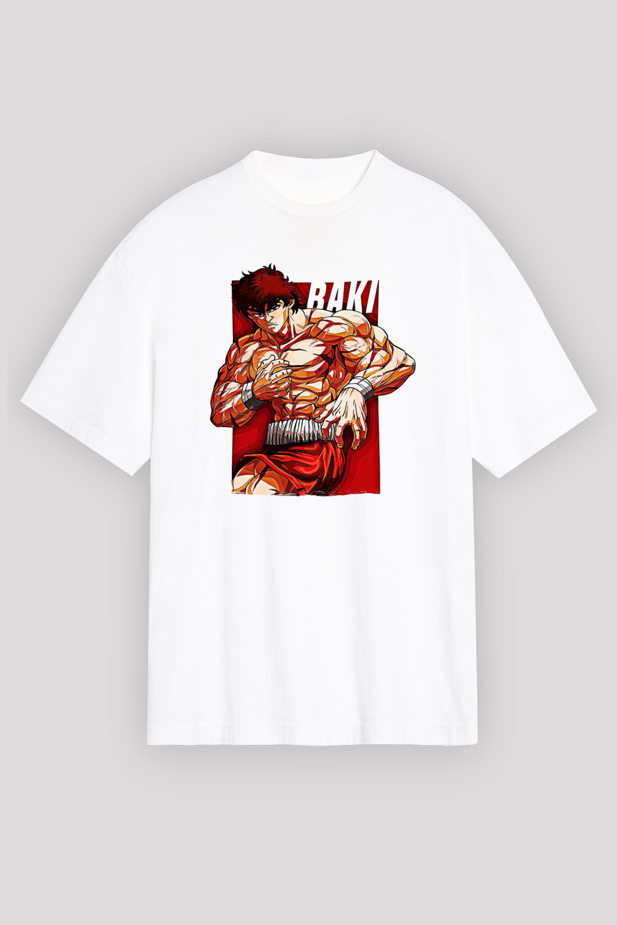 Baki The Grappler Baskılı Beyaz Unisex Oversize Tişört - Tshirt