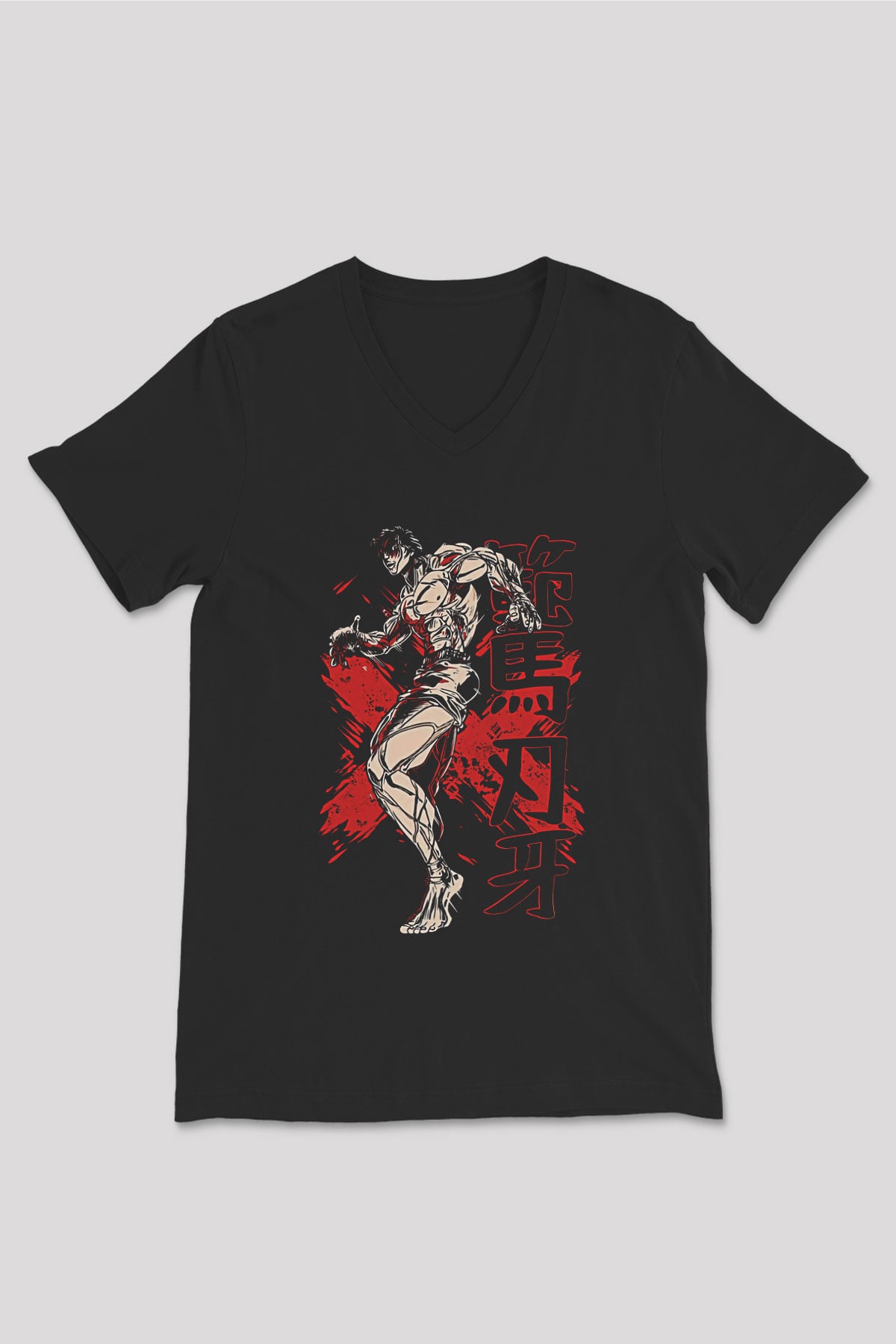 Baki The Grappler Baskılı Unisex Siyah V Yaka Tişört - Tshirt