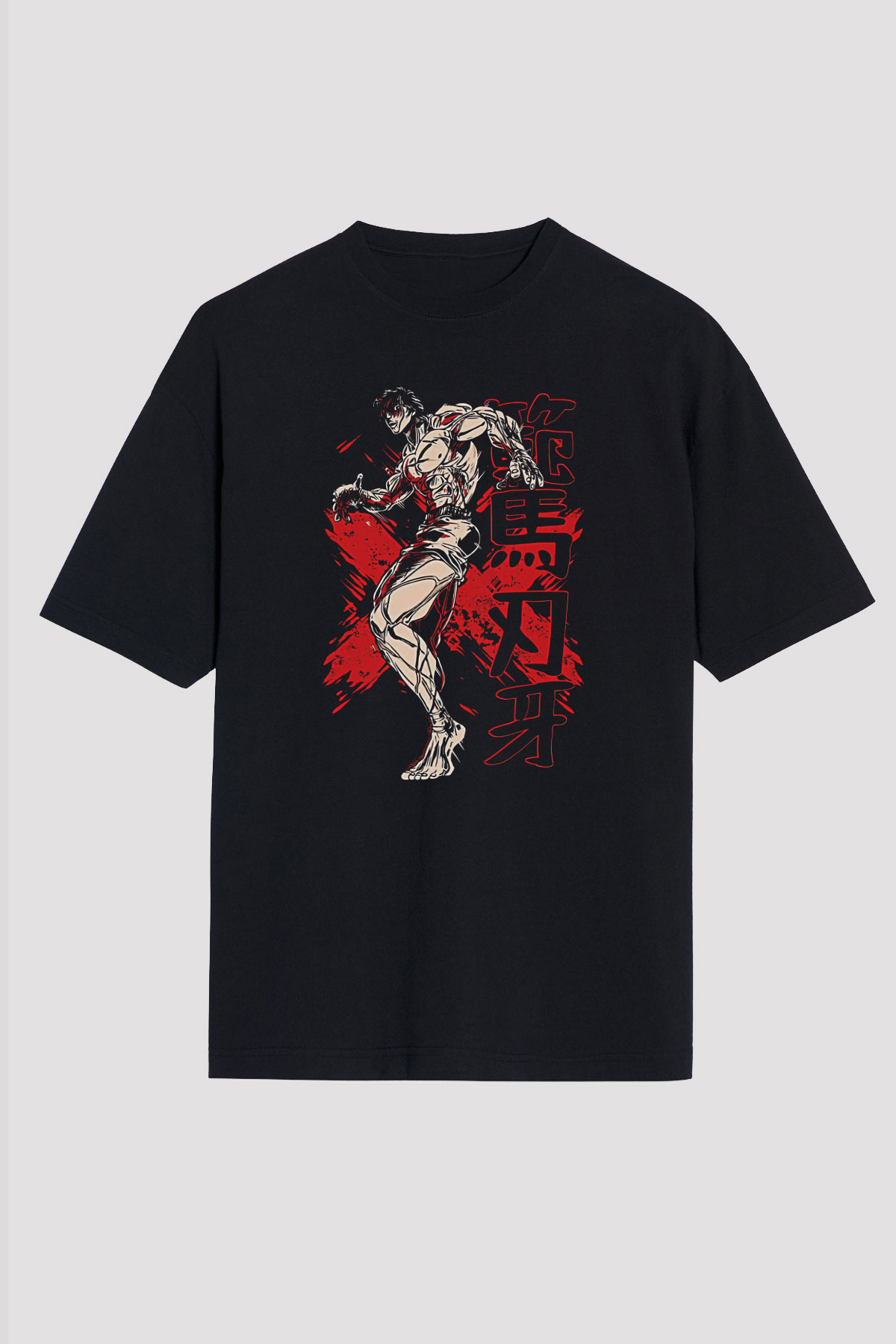 Baki The Grappler Baskılı Unisex Siyah Oversize Tişört - Tshirt