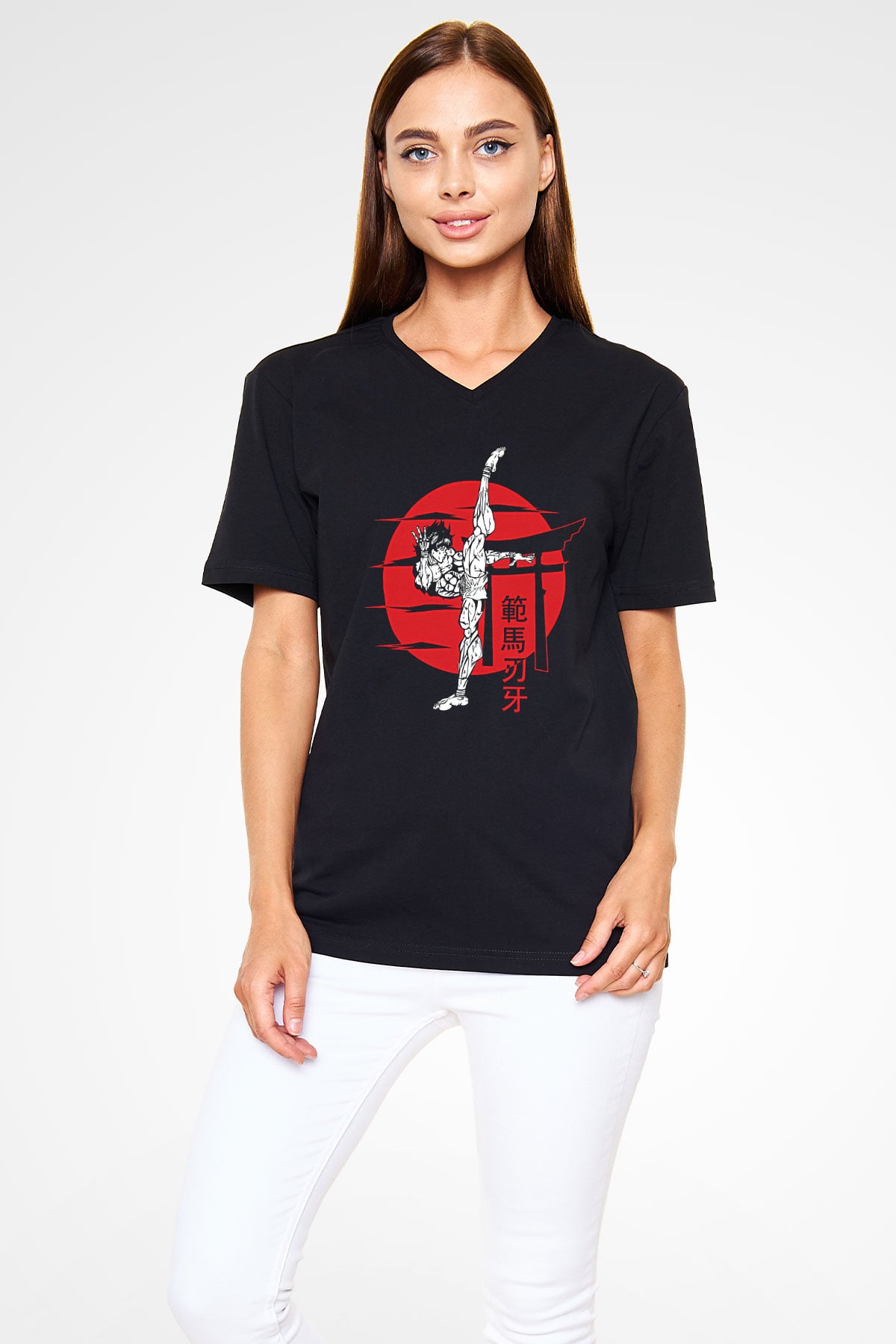 Baki The Grappler Baskılı Unisex Siyah V Yaka Tişört - Tshirt
