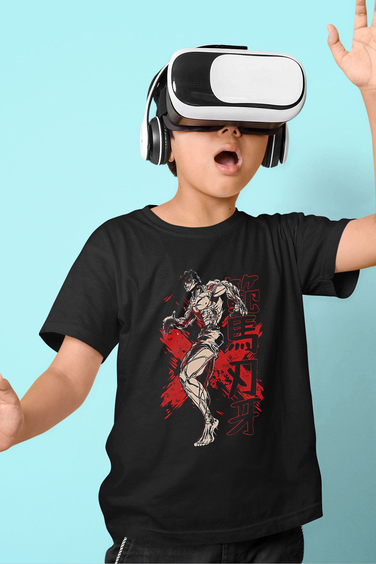Baki The Grappler Baskılı Unisex Siyah Çocuk Tişört - Tshirt