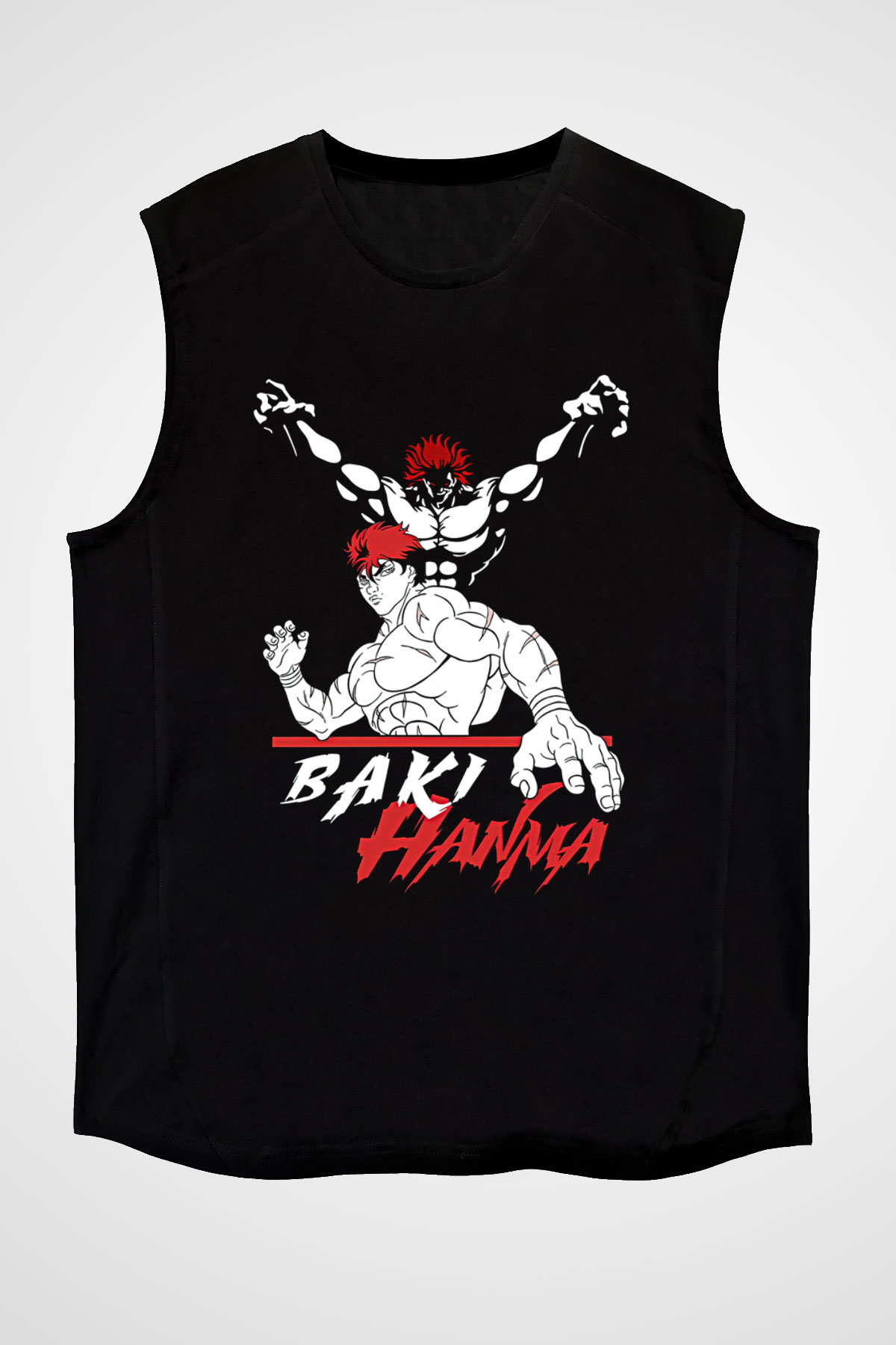 Baki The Grappler Baskılı Unisex Siyah Kolsuz Tişört - Tshirt