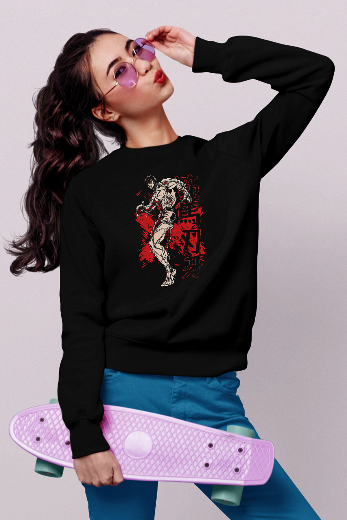 Baki The Grappler Baskılı Unisex Siyah Sweatshirt