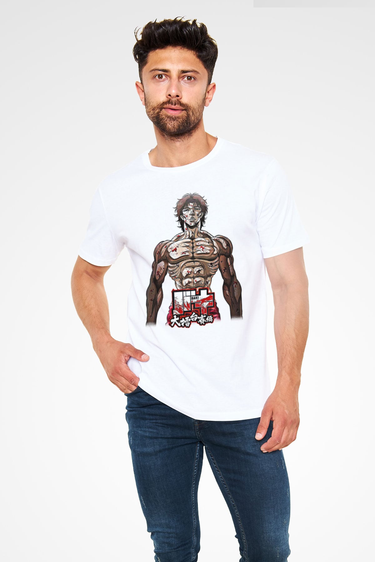 Baki The Grappler Unisex Baskılı Beyaz Tişört - Tshirt
