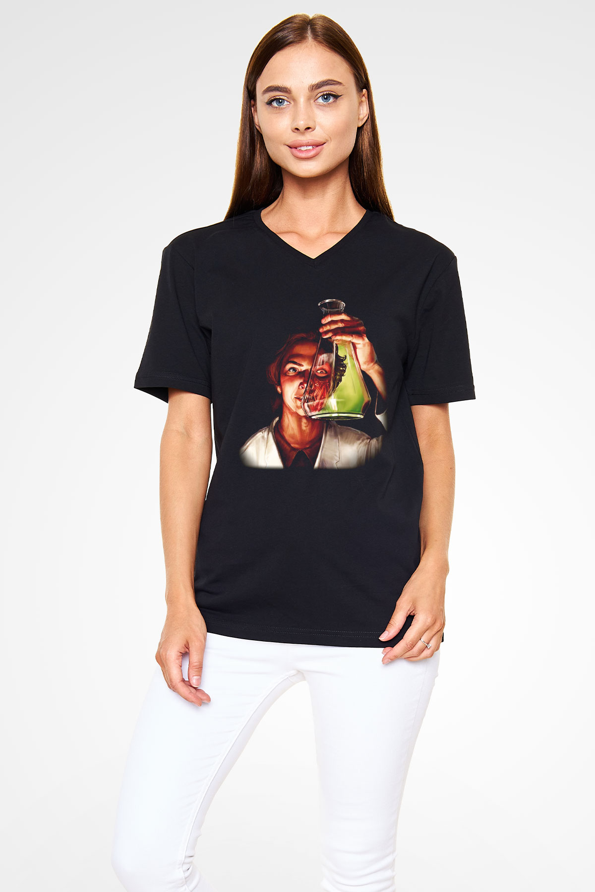 Bakteriyolog Siyah Unisex V Yaka Tişört T-Shirt