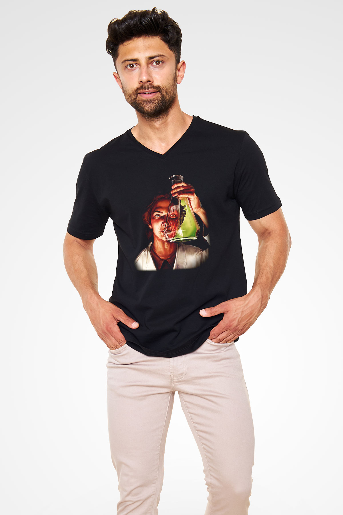 Bakteriyolog Siyah Unisex V Yaka Tişört T-Shirt