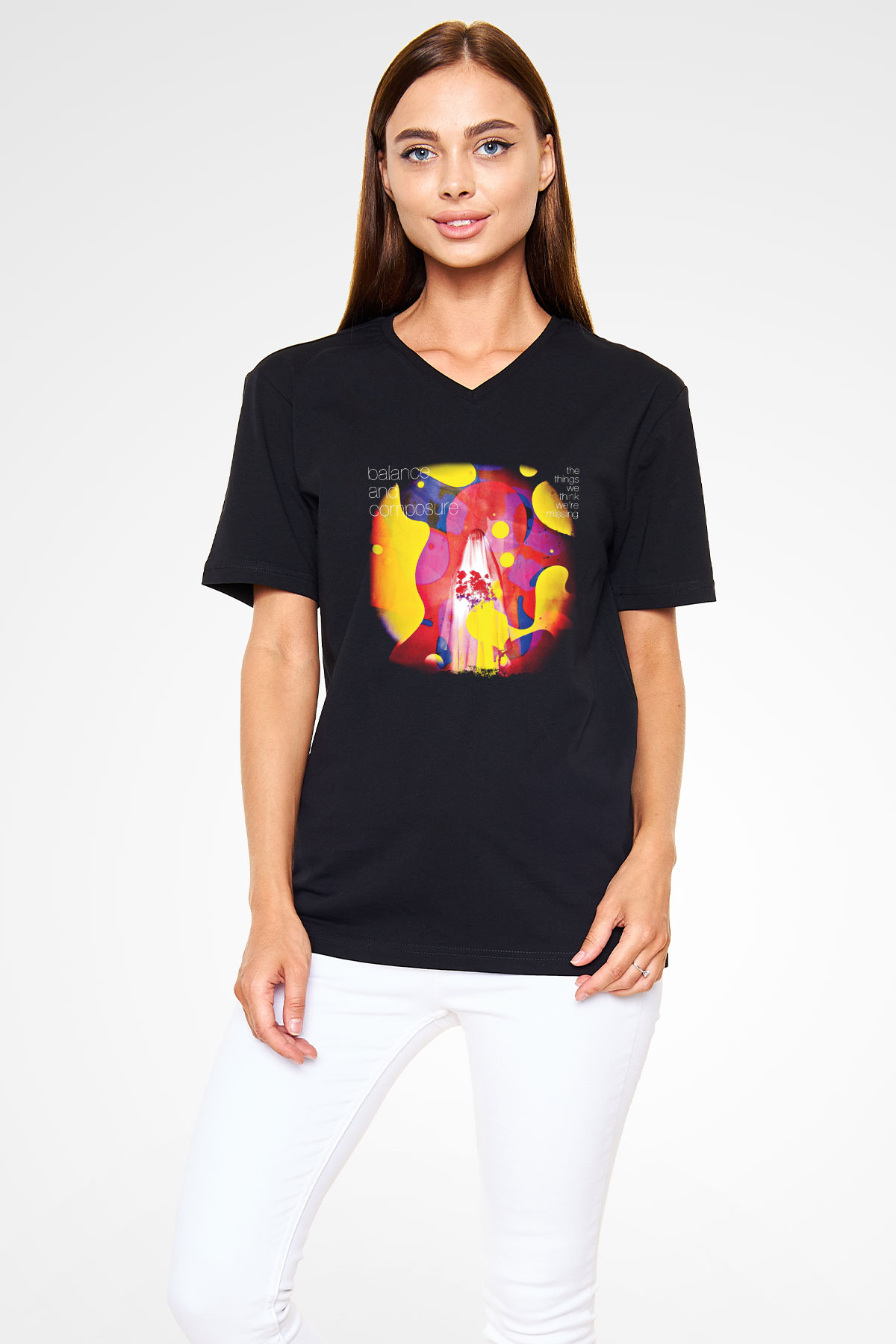 Balance and Composure Baskılı Unisex Siyah V Yaka Tişört
