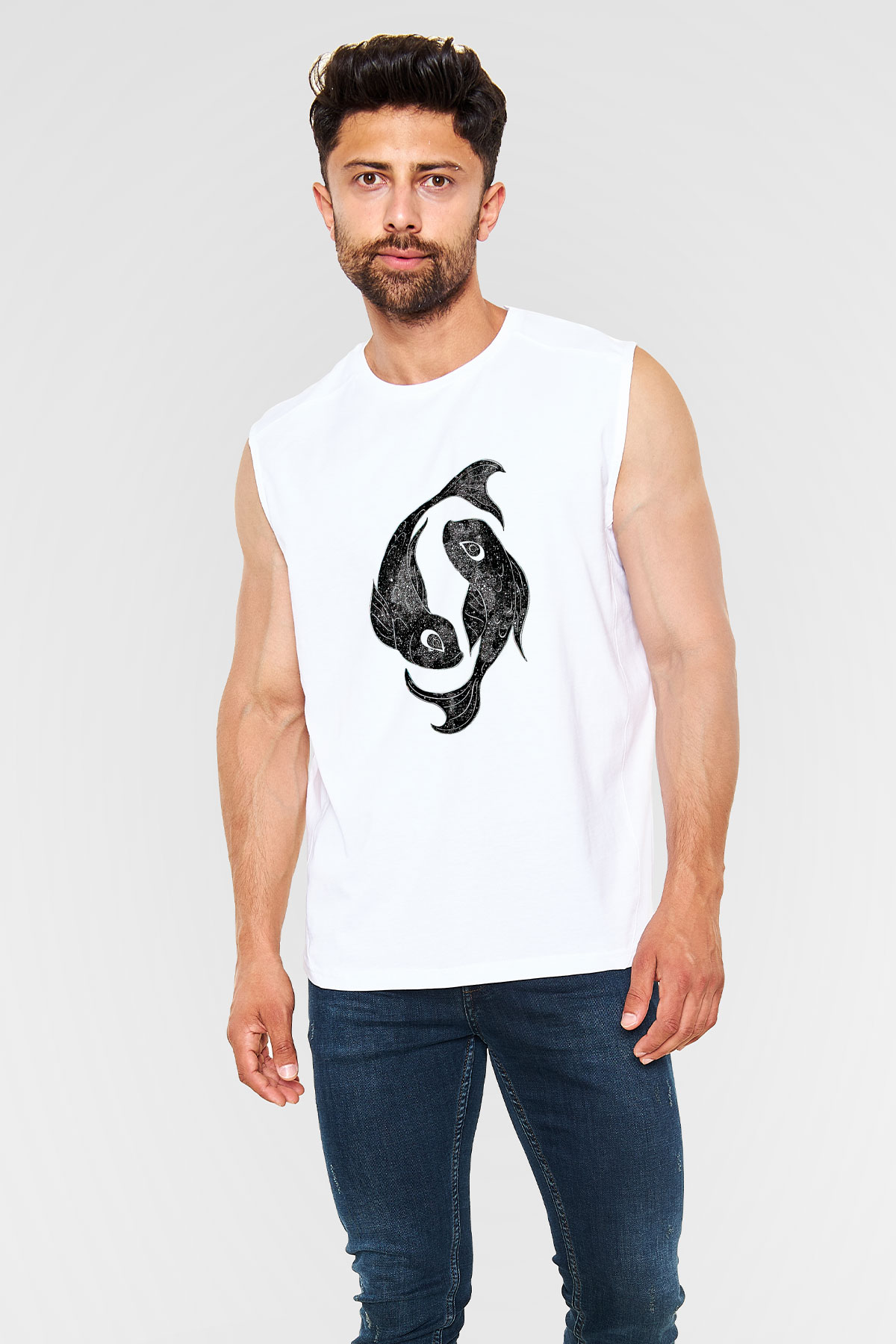 Balık Burcu Baskılı Beyaz Unisex Kolsuz Tişört - Tshirt